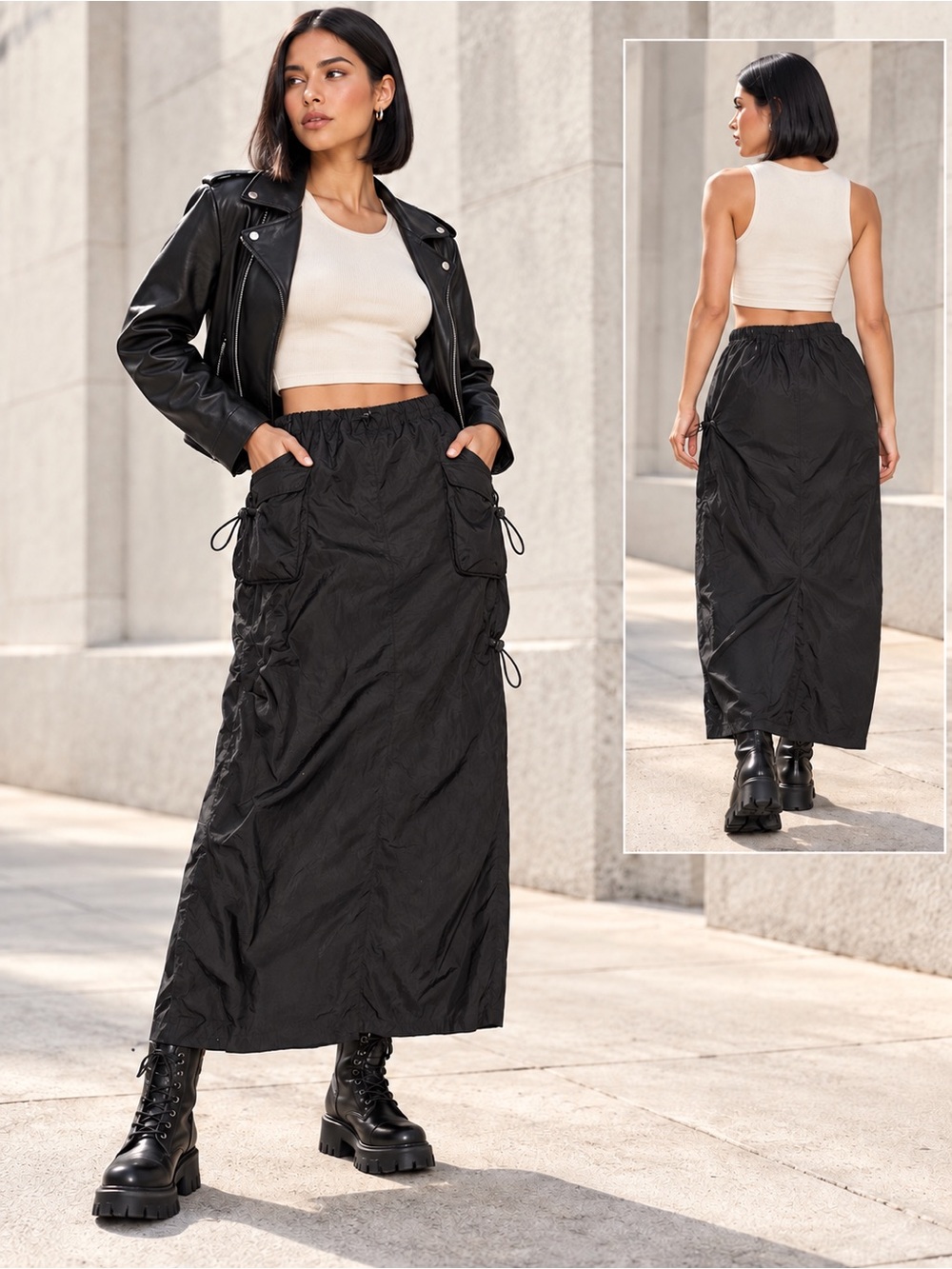 Casual Black Cargo Maxi Skirt with Utility Pockets